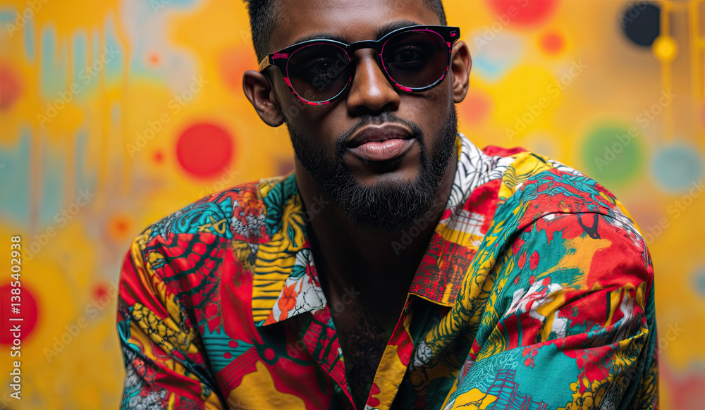 A man in a vibrant, multicolored shirt, showcasing bold patterns and rich colors.