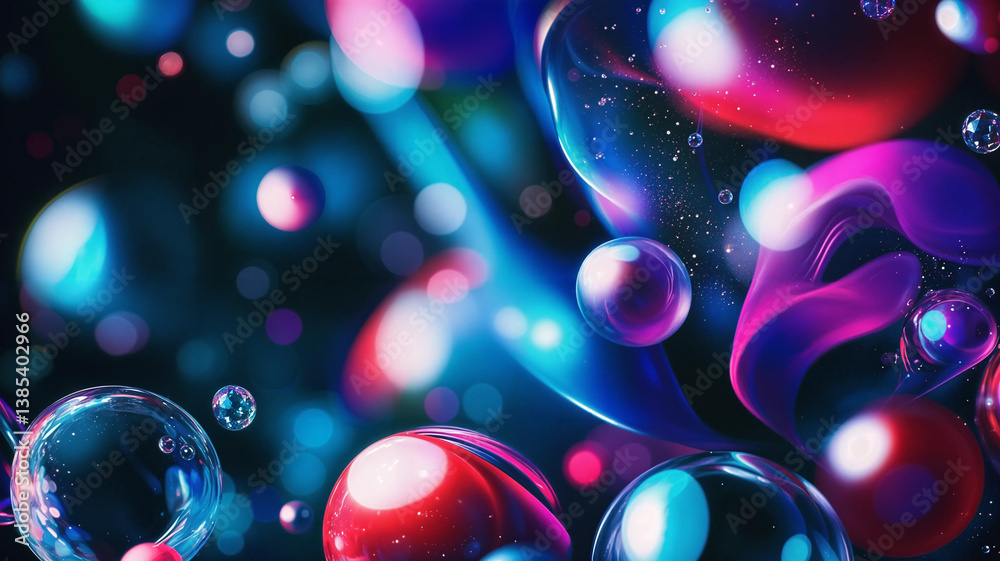 A dynamic display of translucent orbs and flowing shapes in a deep space.
