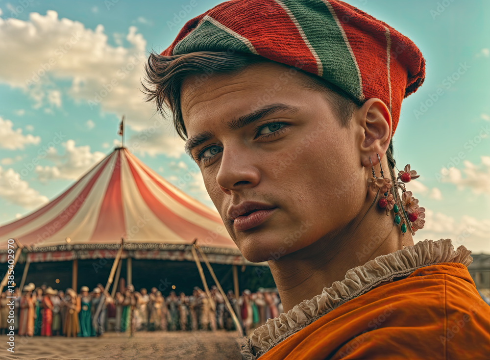 A young man, dressed in vibrant orange and red, gazes intently forward, a striped cap perched atop his head.