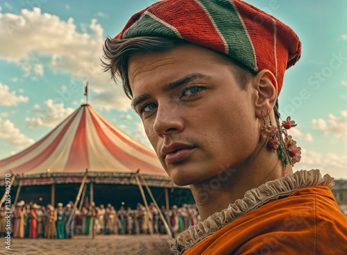 Obraz na płótnie A young man, dressed in vibrant orange and red, gazes intently forward, a striped cap perched atop his head. w salonie