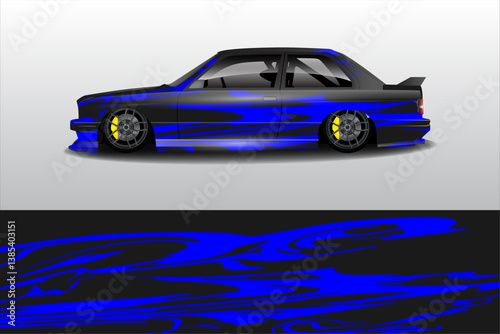 A stylized blue racing car with unique paint design, showcasing sleek lines and modern wheels