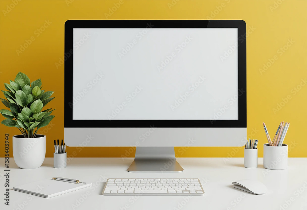 Fototapeta premium empty background computer screen on yellow background, computer LCD on the table
