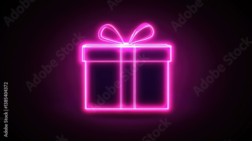Pink neon gift box dark background