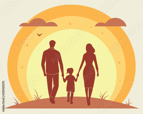 Family Walking Towards a Bright Future: Silhouette at Sunset.