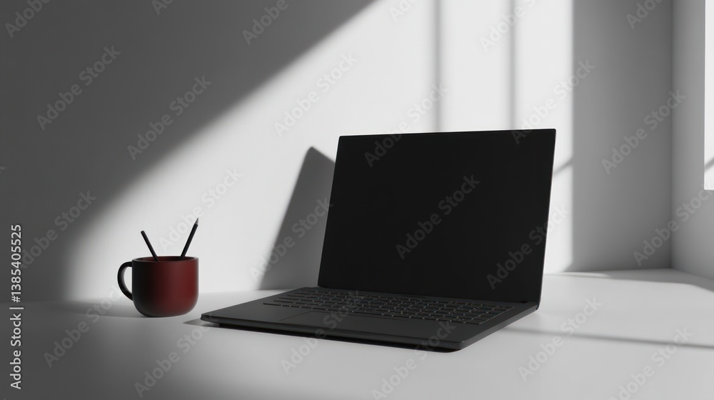 Fototapeta premium Laptop workspace sunlight minimalist office