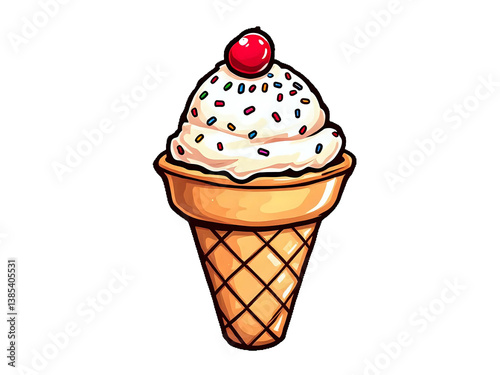 Sticker of Delicious Vanilla Ice Cream Cone with Sprinkles and Cherry