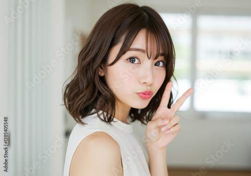 カフェの店内で口をとがらせてピースする若い女性