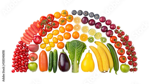 Fototapeta Naklejka Na Ścianę i Meble -  A vibrant rainbow of fresh fruits and vegetables arranged in a delightful arc, showcasing nature's colorful bounty against a clean white background.