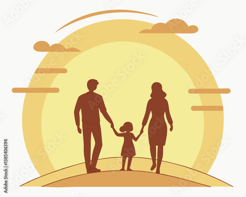Family Walking Towards a Bright Future: Silhouette at Sunset.