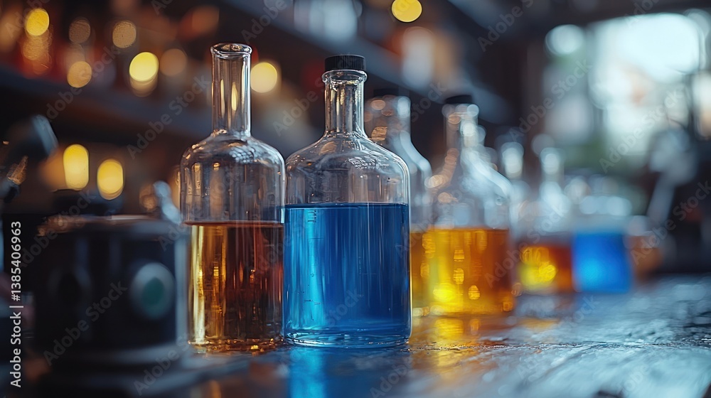 Colorful bottles on a bar counter at night. Possible use stock photo Colorful bottles on a bar counter at night. Possible use stock photo