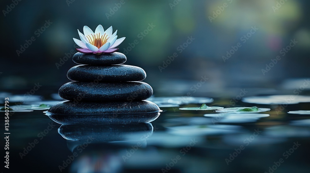 Obraz premium Serene water lily atop stacked stones in tranquil pond, nature spa