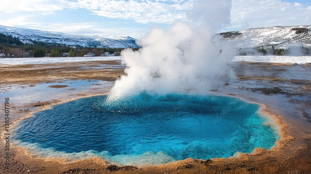Strokkur geyser erupting hot water and steam in iceland