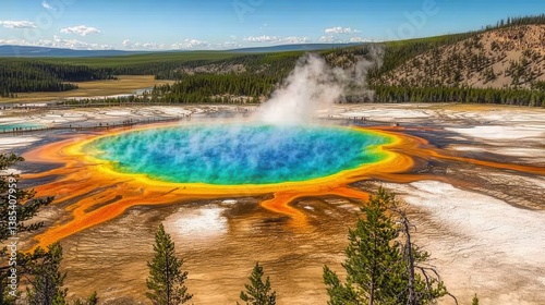 Fototapeta Naklejka Na Ścianę i Meble -  Grand prismatic spring emitting colorful steam in yellowstone national park