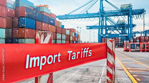 Red import tariffs barrier at busy shipping port with cranes and stacked cargo containers on cloudy day