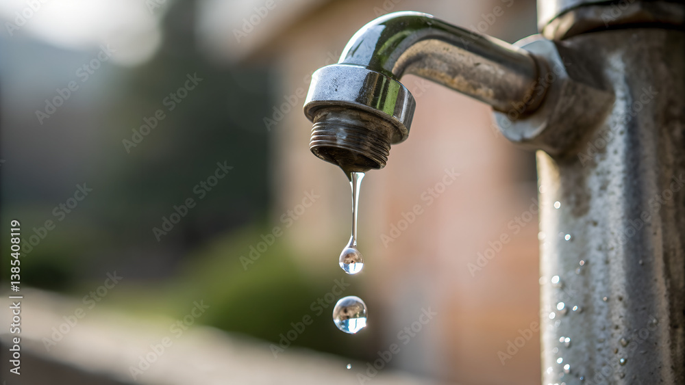 Close-up of water droplet falling from old metal faucet in sharp macro style ideal for clean water awareness campaigns, eco design visuals and product mockups in sustainability themes
Close-up of water droplet falling from old metal faucet in sharp macro style ideal for clean water awareness campaigns, eco design visuals and product mockups in sustainability themes