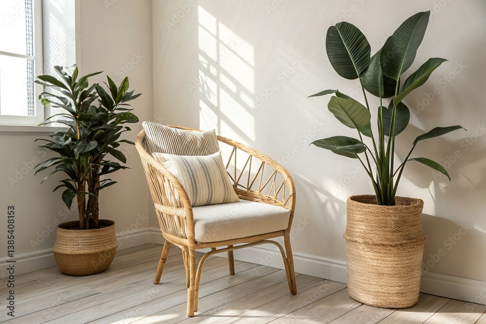 Fototapeta premium Rattan Armchair Indoor Plants Home Decor