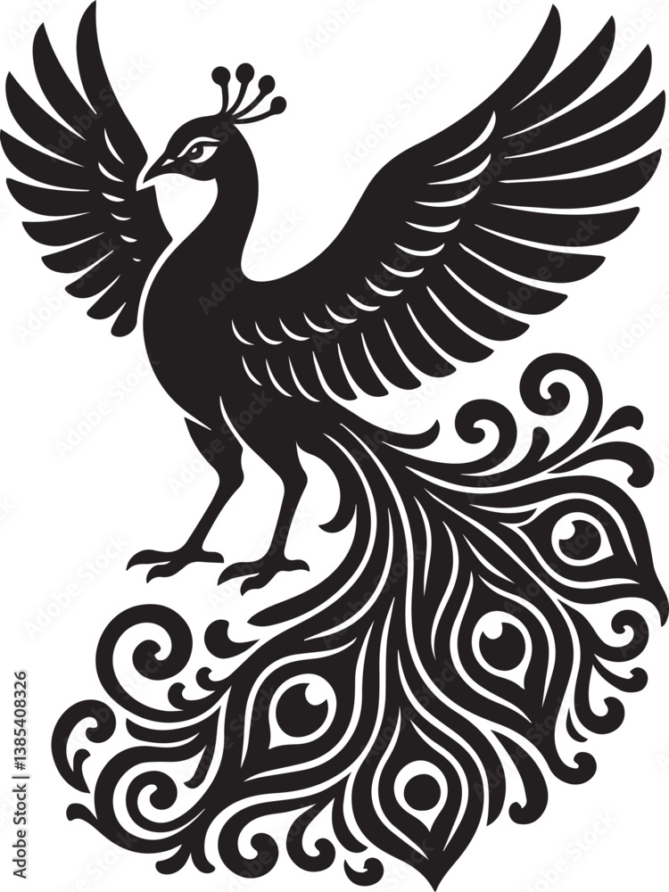 Fototapeta premium silhouette, bird, illustration, feather, ornament, peacock, logotype, element, decoration, design