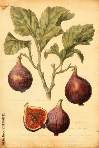 Fig tree fruit old vintage anttique botanical illustration photo