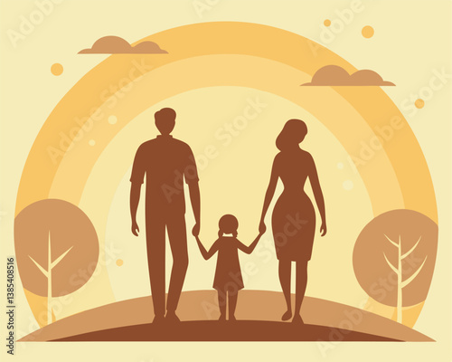 Family Walking Towards a Bright Future: Silhouette at Sunset.