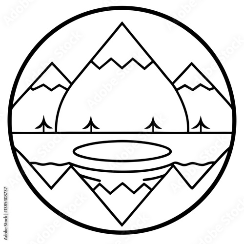 Mountain lake reflection mandala line art vector illustration 