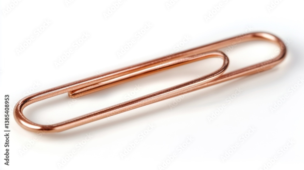 Rose gold paperclip, white background, close-up Rose gold paperclip, white background, close-up