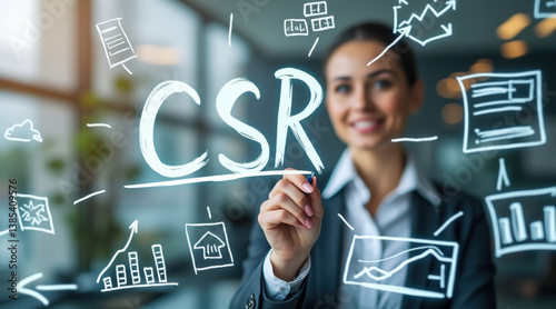 Corporate social responsibility ethics Corporate social responsibility CSR is highlighted as businesswoman writes on transparent board emphasizing ethics and sustainability.