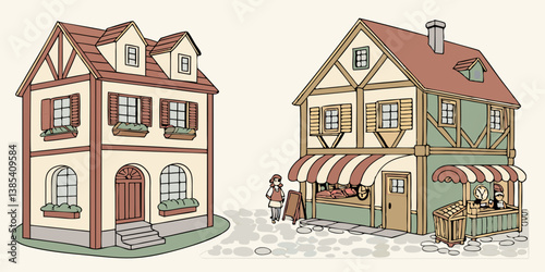 Charming Colorful Detailed Cartoon European Village Scene Illustration: Timber Frame House and Shop, Red Roofs, Shutters, Awning, Flower Boxes