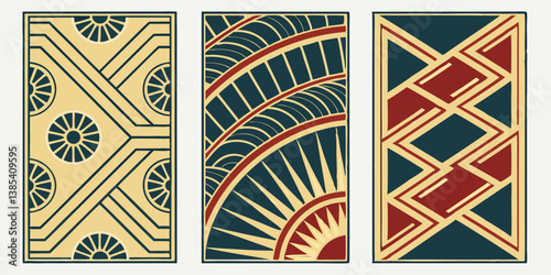 Vintage Art Deco Geometric Patterns Set of Three Rectangles Beige Blue Red Colors Sunburst Zig-Zag Designs Retro Graphic Art Design