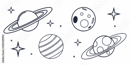 Black and White Space Planets Stars Line Art - Celestial Astronomy Galaxy Universe Drawing Illustration