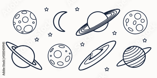 Cosmic Space Planets Moon Stars Line Art Vector - Black and White Celestial Drawing