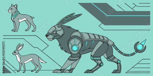 Futuristic Cyberpunk Robotic Lion Rabbit Hybrid Dog Rabbit Gray and Blue Animals Design Graphic Art Style Image Concept
