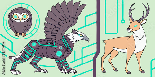 Stylized Cartoon Owl Griffin Deer Animals Futuristic Robotic Digital Art Illustration Light Green Circuit Board Design