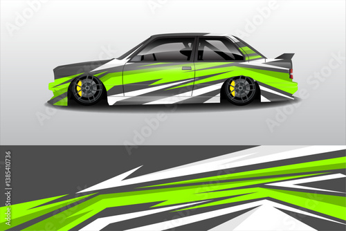 Stylishly customized car with striking green and black graphics parked against a minimalist background