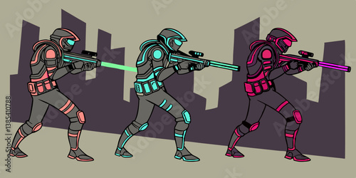 Sci-Fi Cartoon Soldiers Laser Rifles Futuristic Armor Cityscape Pink Cyan Magenta