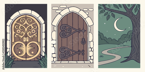 Ornate Doors, Night Scene, Moonlit Path - Fantasy Storybook Illustration of Cartoon Wooden Doors and Landscape