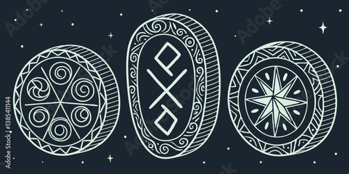 Stylized Runes Medallions Set - Esoteric Pagan Occult Symbols on Dark Blue
