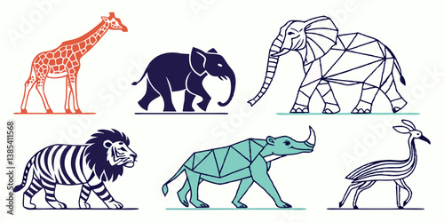 Vector Graphic African Animal Illustrations: Geometric & Solid Color Style Set - Giraffe, Elephant, Lion, Rhino and Antelope
