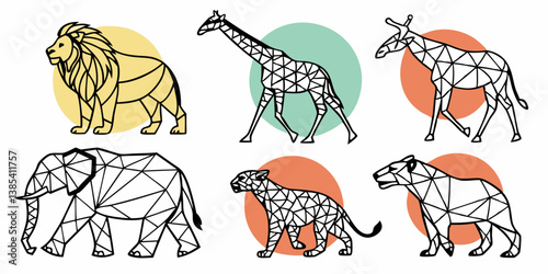 Geometric Polygonal African Wildlife Animals Vector Art Illustrations Set Lion Giraffe Zebra Elephant Panther Tiger Black Line Art Colored Circle Background Design