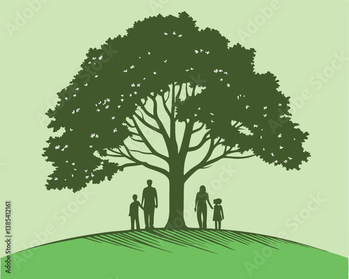 Family Silhouette Under a Big Tree on a Green Hill.