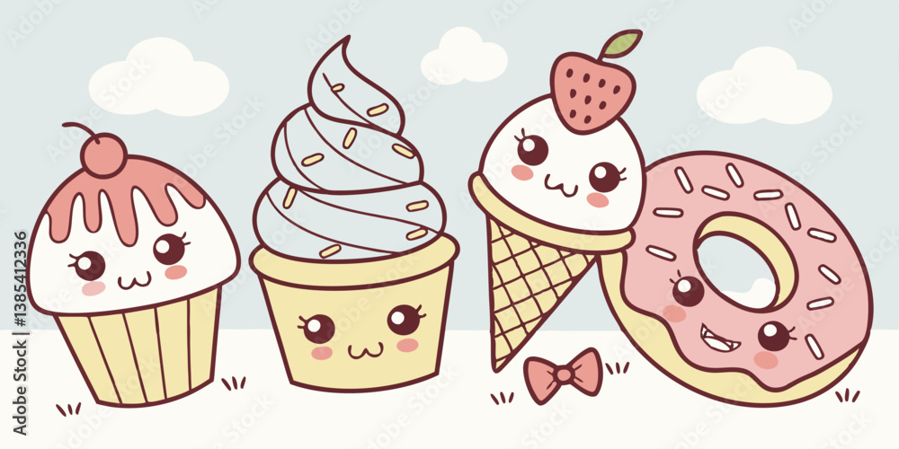 Kawaii Style Dessert Vector Art: Cute Cupcake, Soft Serve Ice Cream Cone, and Donut Characters Kawaii Style Dessert Vector Art: Cute Cupcake, Soft Serve Ice Cream Cone, and Donut Characters