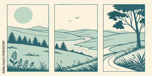 Scenic Landscape Vector Art Set of 3 Nature Scenes with Sun Trees River Path Hills