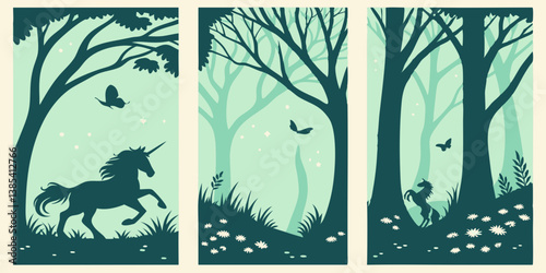 Magical Unicorn Forest Silhouette Vector Triptych Art - Fantasy Nature Scene with Trees Bird and Animal