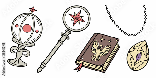 Cartoon Fantasy Magical Artifacts Set Crystal Ball Wand Phoenix Book Gemstone Necklace Illustration