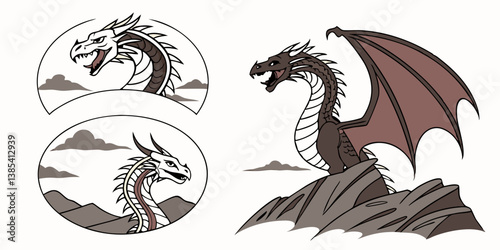 Cartoon Dragon Vector Art: Dragon Head, Winged Dragon Illustrations Set