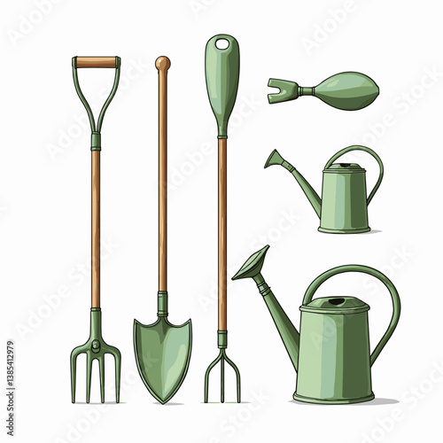 Gardening tools collection illustration featuring outlined rake, trowel, and watering can with muted green and brown fills