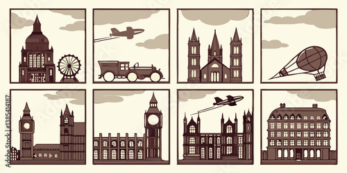 Sepia Vintage London Landmarks St Pauls Big Ben Airplane Car Airship Illustration