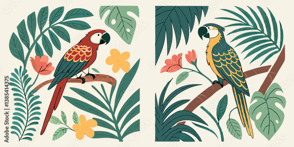 Naklejka premium Colorful Macaw Parrots in Tropical Jungle Vector Art | Flat Design Wildlife Illustration with Exotic Leaves and Flowers