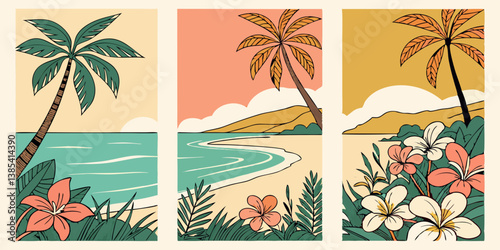 Colorful Retro Tropical Beach Scenes Palm Trees Flowers Illustration Art