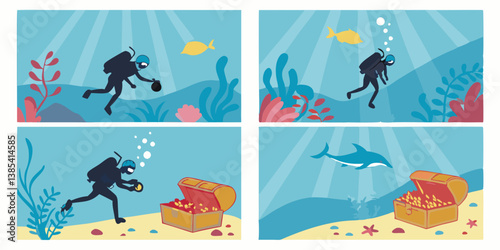 Colorful Cartoon Underwater Scuba Diver Adventure Illustration: Dolphin, Treasure Chest, Fish, Marine Animals, Coral, Starfish, Ocean Exploration Vector
