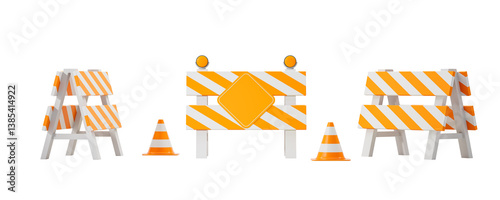 Road construction barriers and orange-white traffic cones shown in realistic 3D rendering style on a clean white background. Concept of caution and safety